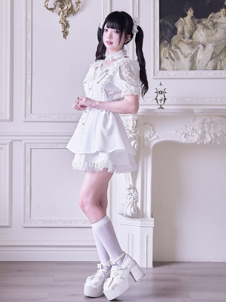Schulter Kei mit Outfit Jirai Cutout Kleid Seite +Rock Lace-up Weiß Mini -