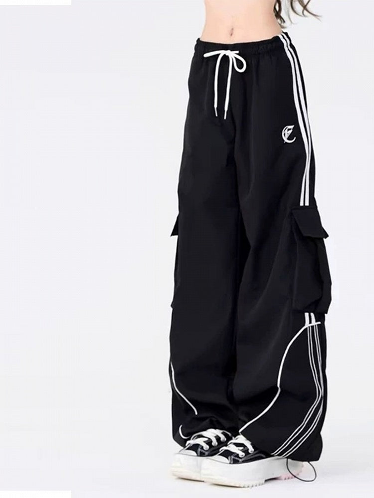 Black Drawstring Wide-Leg Cargo Pants with Side Utility Pockets