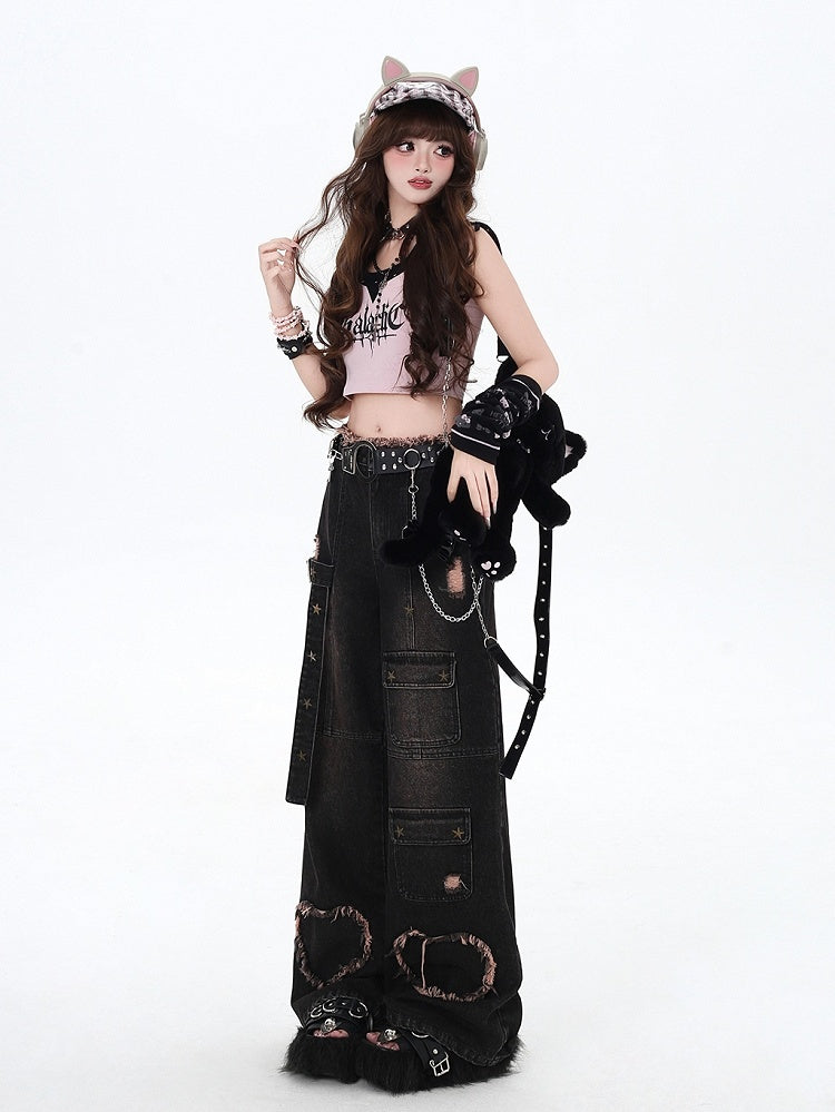 Holes Wide-leg Black Cut Distressed Y2K Jeans