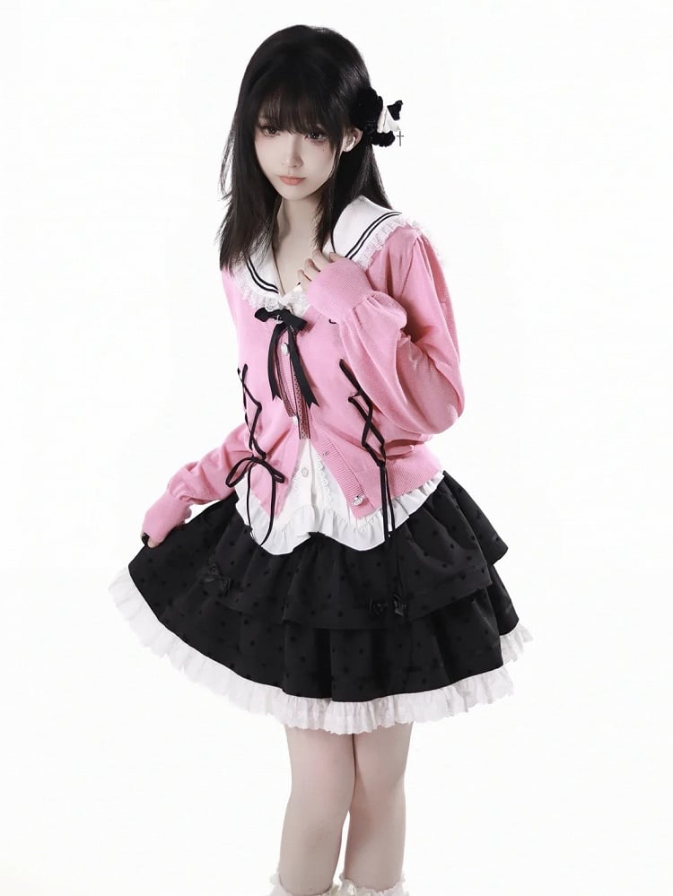 Pink Lace-up Details Front Heart Button Placket Summer Knit Cardigan