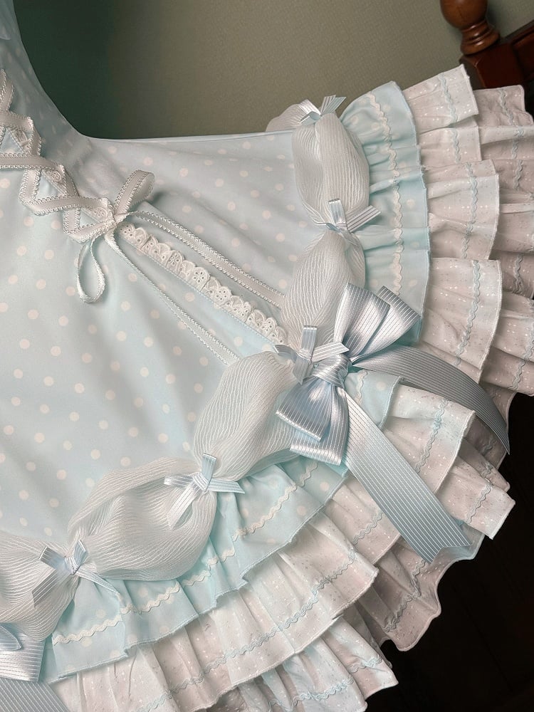 Gepunktetes blaues Lolita-Kleid mit altem Neckholder und Schulärmeln, vielseitiges Polka-Kleid mit Puffärmeln