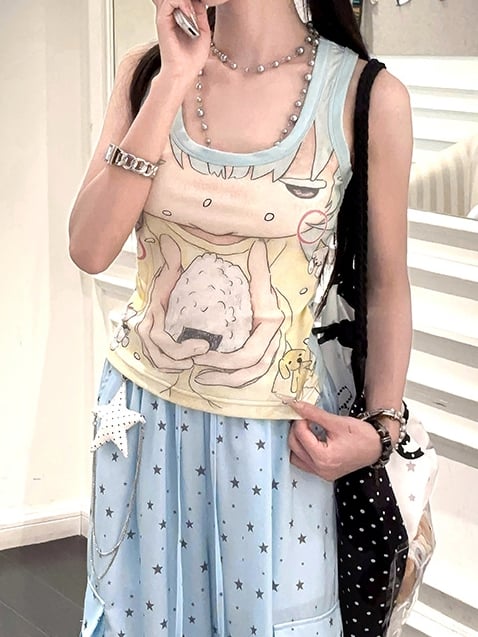 Tank Top Neckline Print Anime Girl Mint Green Square