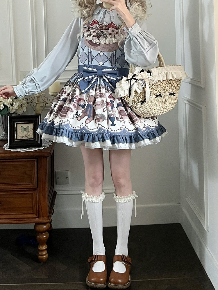 Print Embroidery Overall Sweet Blue Teddy Dress Mushroom Lolita Neckline