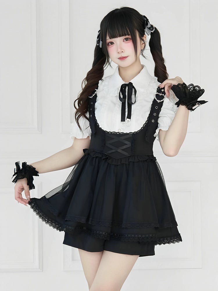 Jirai Kei – Schwarz/Weiße Bluse mit kurzen Ärmeln und Perlenkragen