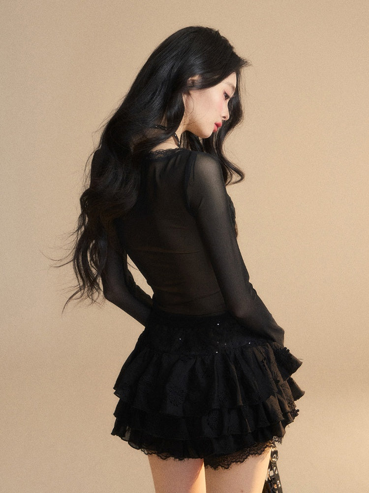 Rhinestone Embellished Glamorous Top Black V-neck Butterfly Embroidery