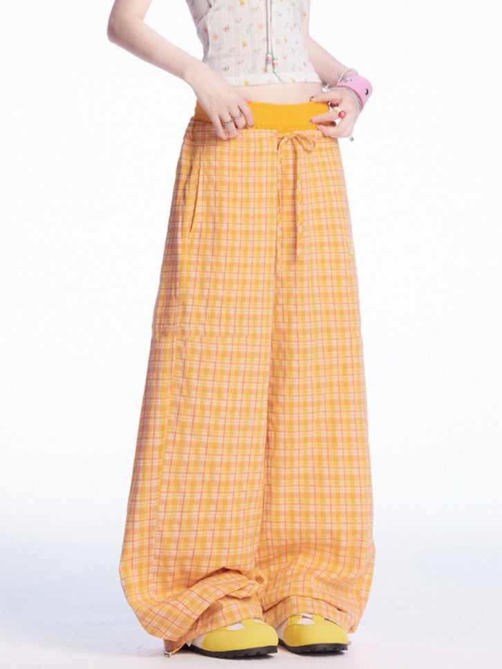 Drawstring Cuffs Wide-leg Casual Pants Orange Plaid Elastic Waist