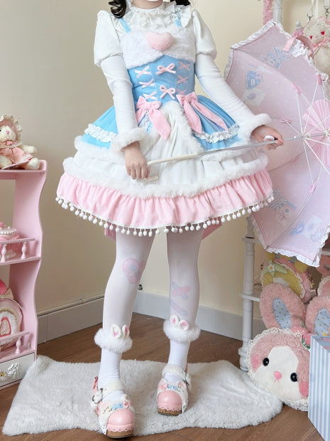 Winter Autumn Blue Lolita Plush Trimming Dress Sweet and for