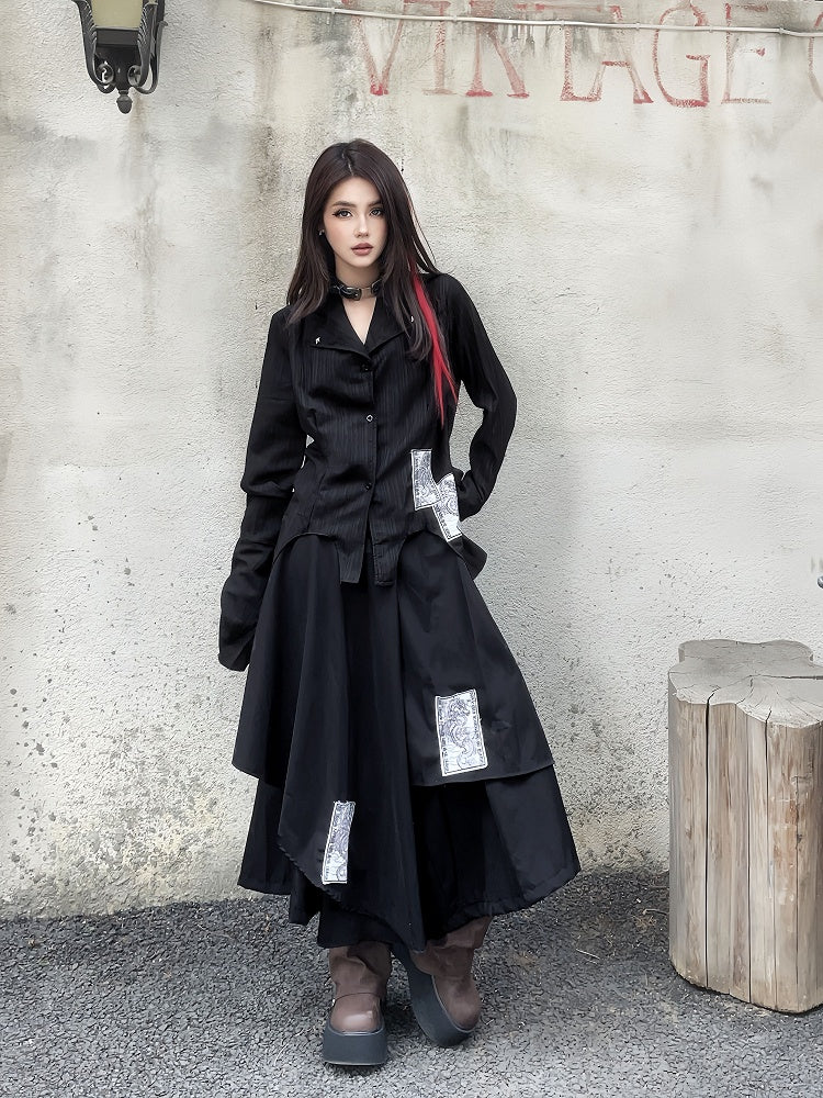 Appliques Black Punk Asymmetrical Layered Wide-Leg Pants