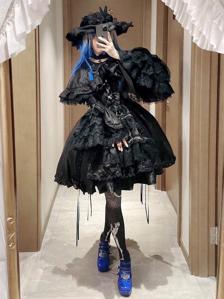 Kuro Sleeves Cape Drawstring Dress Layered Bell Gothic Skirt Lolita + Black