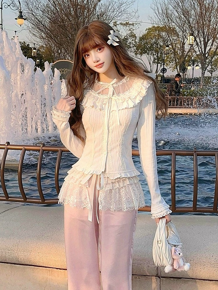 Vintage Knit Bow White Cardigan Ruffled Lace