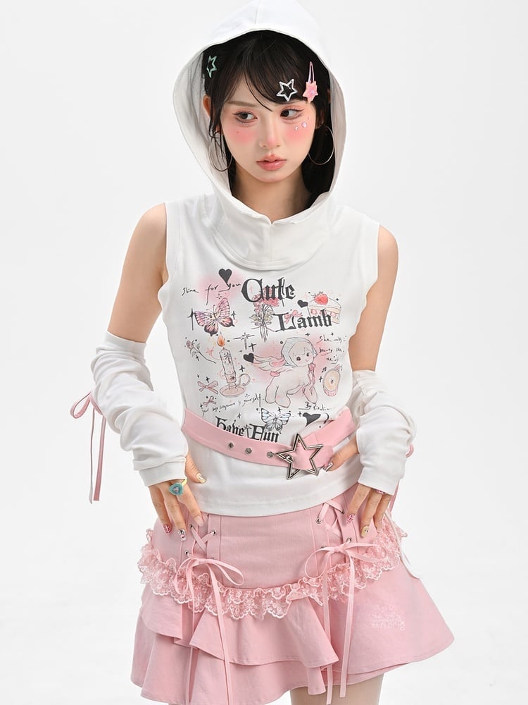 Tiered Skirt with Lace-up Details Pink Y2K Asymmetrical Kawaii Yume