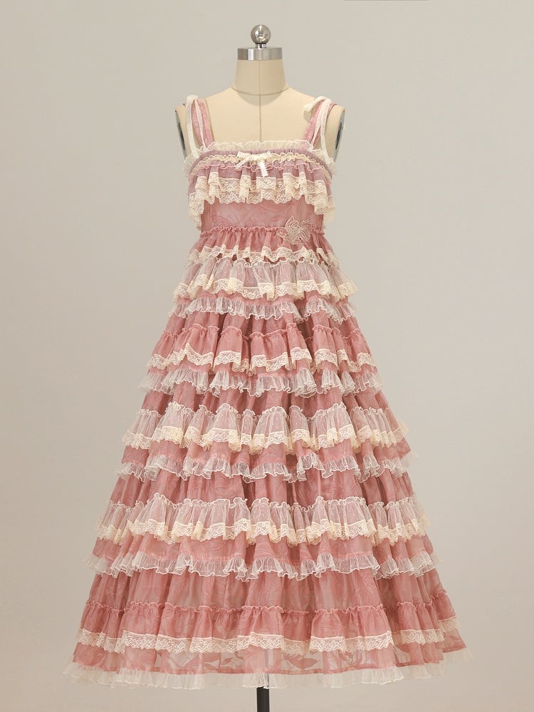 Sweet Dress Pink Adjustable Multi-Layered Ruffle with Lolita and Straps Goldfish Embroidery