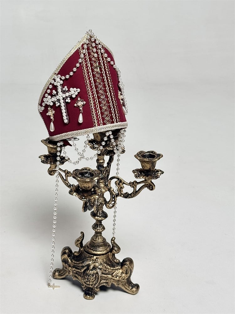 Wine Bead with Beaded Red Papal Chain Decorated Cross Miter