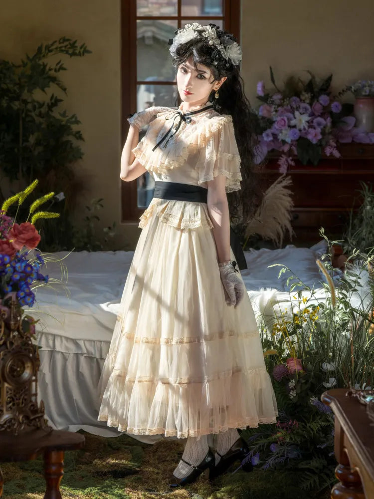 Beige Classic Waist Black Elegant Dress Neckline Lolita Illusion Edward Belt with
