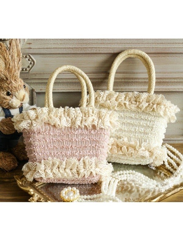 Beige/Pinke Handtasche Ländlich mit Spitzenbesatz und Rüschen