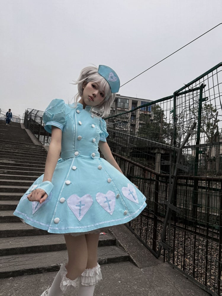 Heart Puff Patches Sleeves Lolita Blue White Dress Nurse Cross
