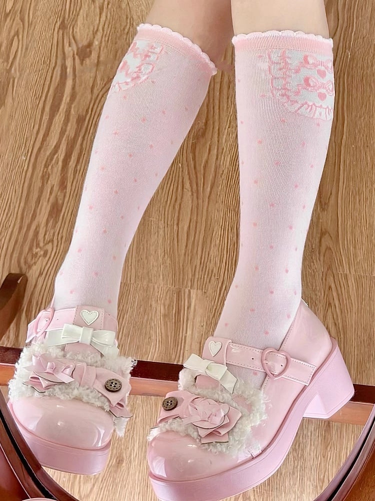 Pink Print Pattern Calf Bowknot Lolita Polka-dot Socks
