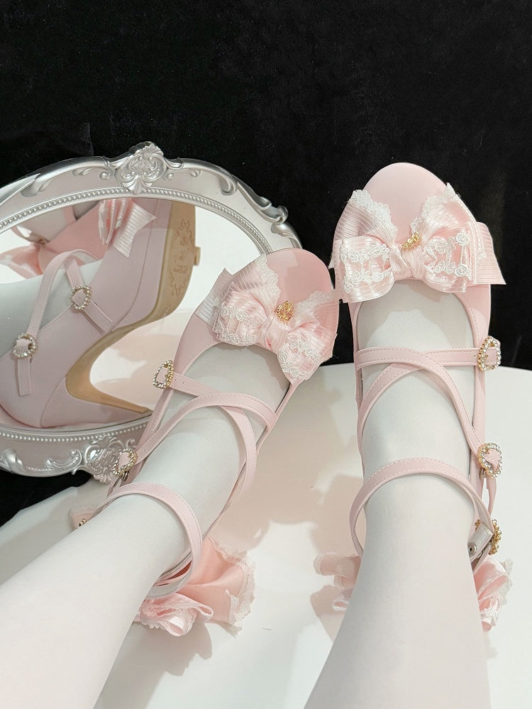 Heart Heels Bow Pink Crisscross High Buckle at Top Design