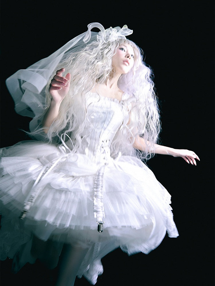 White Lace-up Details Boned Corset Top + High-low Layered Lolita Skirt