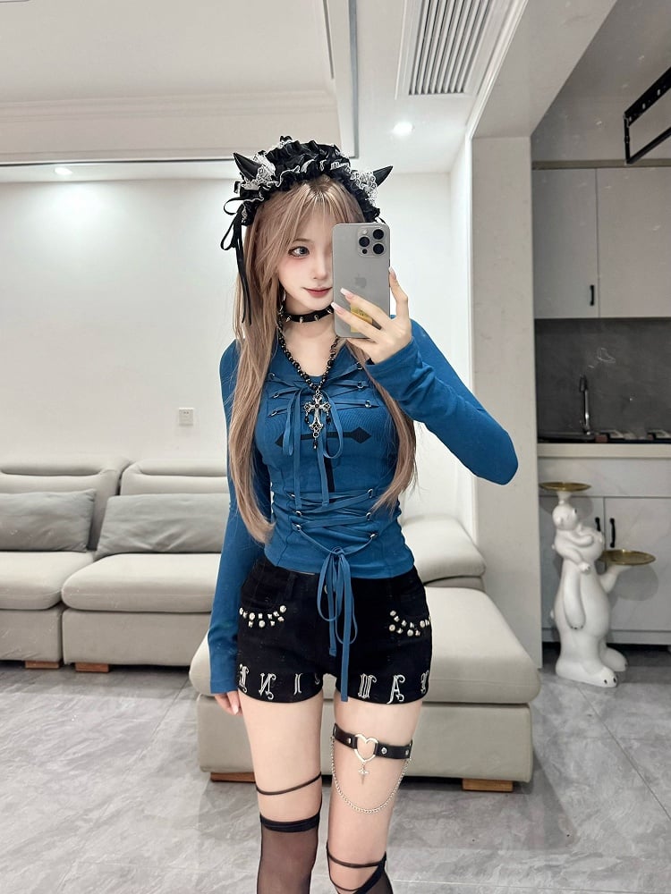 Front with Alternative Fashion Lace-up Klein Blue Cross Long Sleeve Top Details
