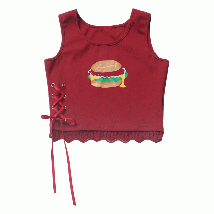 Detail Trim White/Red Burger Print Lace Tank Top with Lace-up