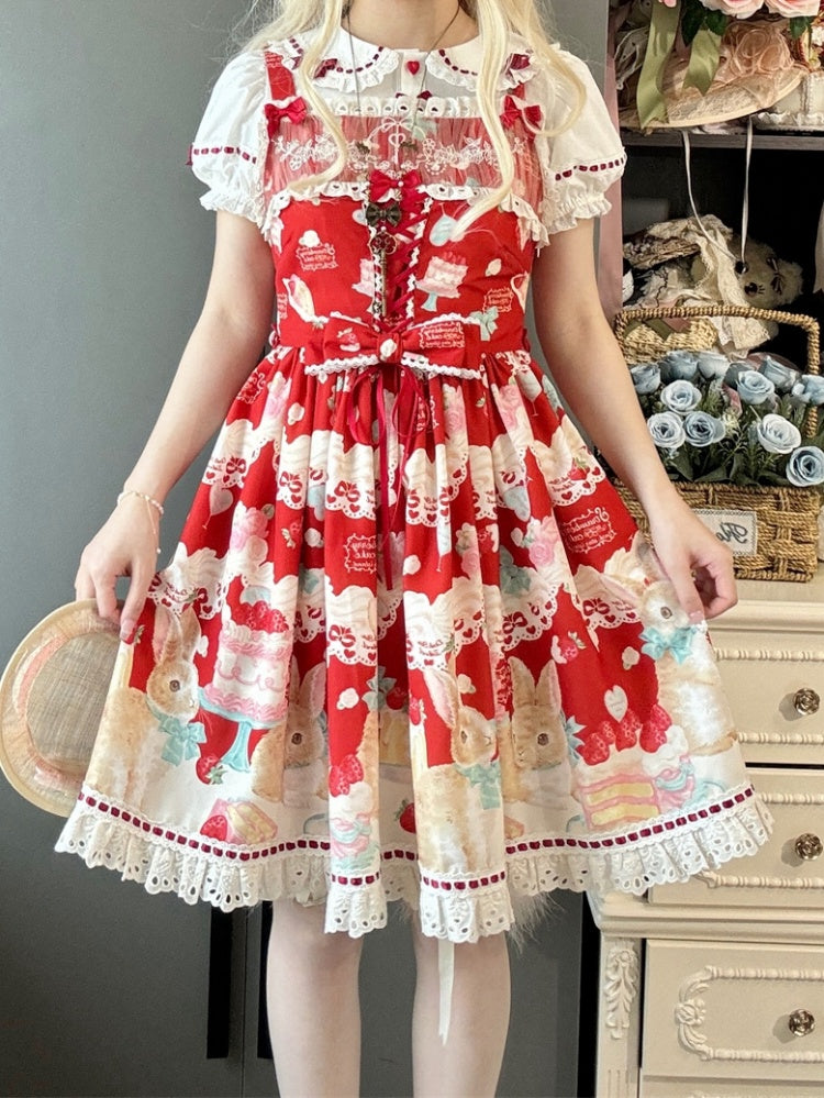 Süße Lolita-Bluse mit Puffärmeln und Herzknöpfen in Weiß und Rot
