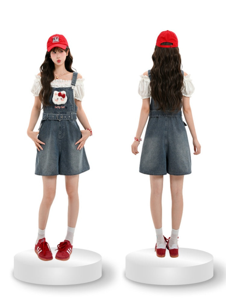 Heart Shorts Plush Kitty Denim Dark Blue Faded Buckle Wash Belt Overall with