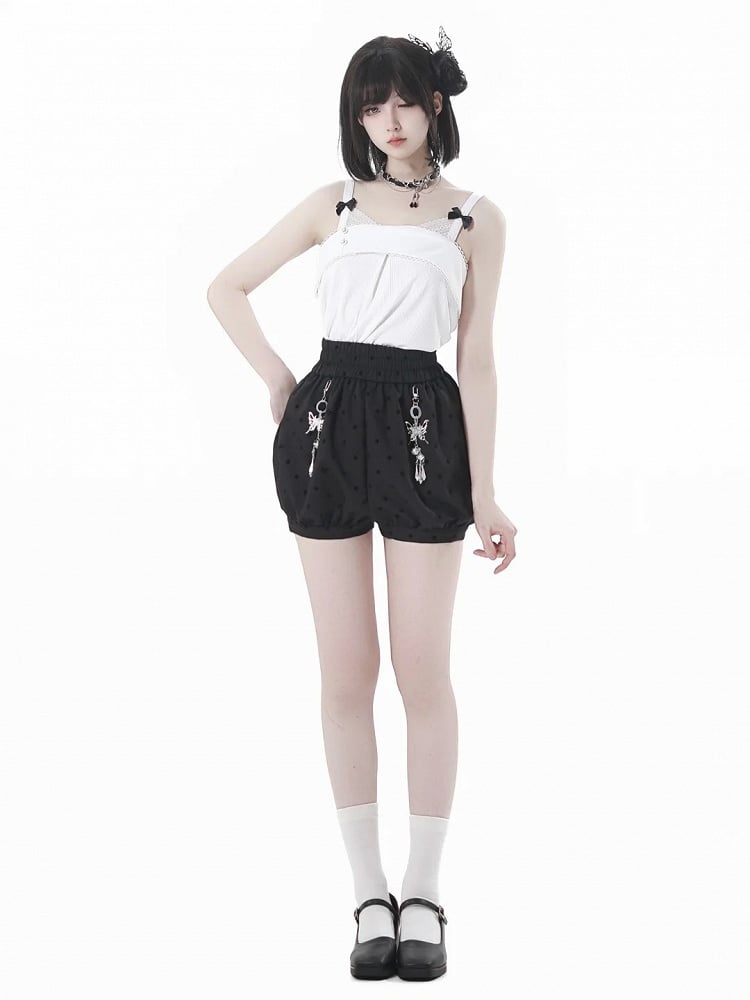 Polka-Dot Bubble Shorts with Butterfly Charms Black Cheongsam Style