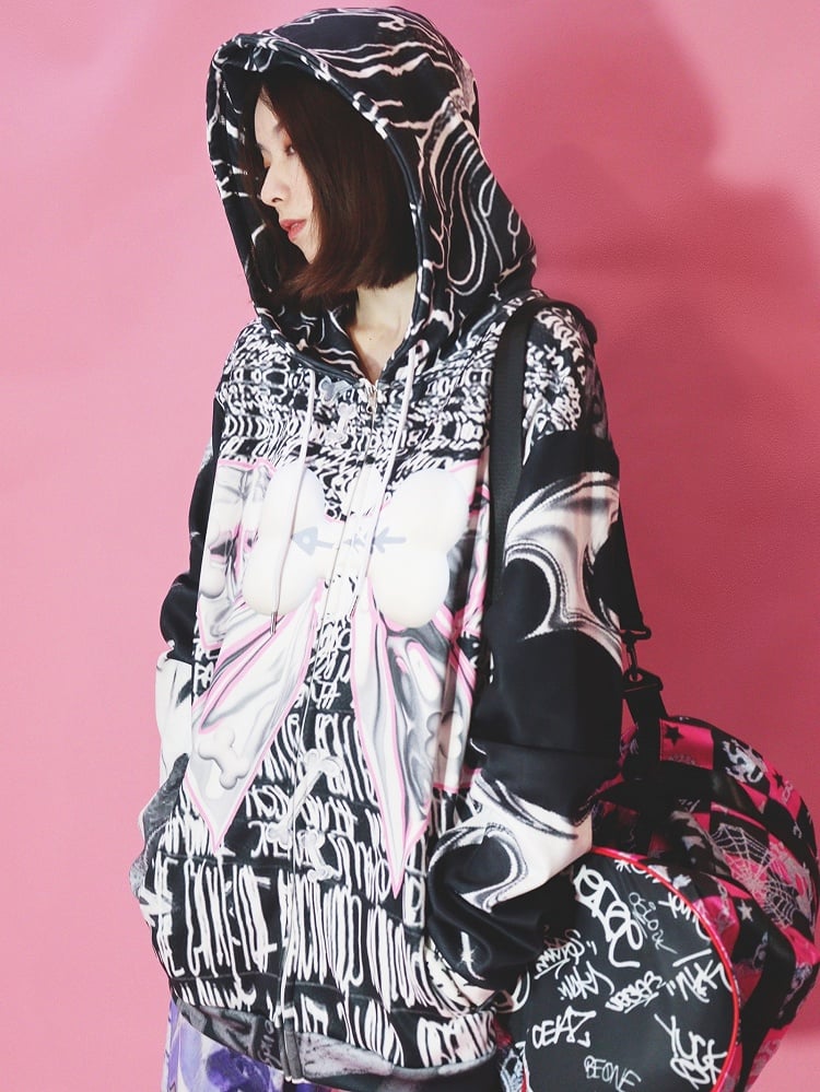 Closure Print Black Zip Letter Hoodie Pattern Bone Big Bow Gyaru Fashion