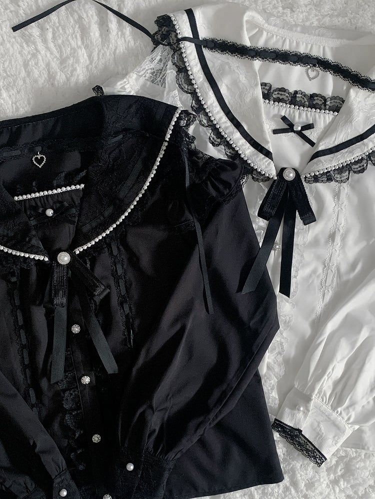 Pendant Trim Blouse Lace with Jirai Kei Black/White Sailor Collar Cutout Choker Shoulder Heart