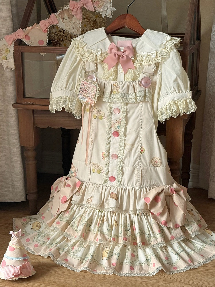 Print Dress Sweet with Waist Tiered Dropped Toys Hood Ears Skirt Bear Lolita Overall