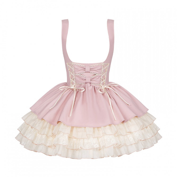 Drei Rüschen unter dem Lolita-Pullover-Saumrock in Rosa mit Brustlagen