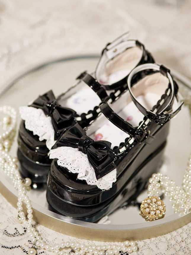 Platforms Bow Black Top Lace at Trim Buckles Heart
