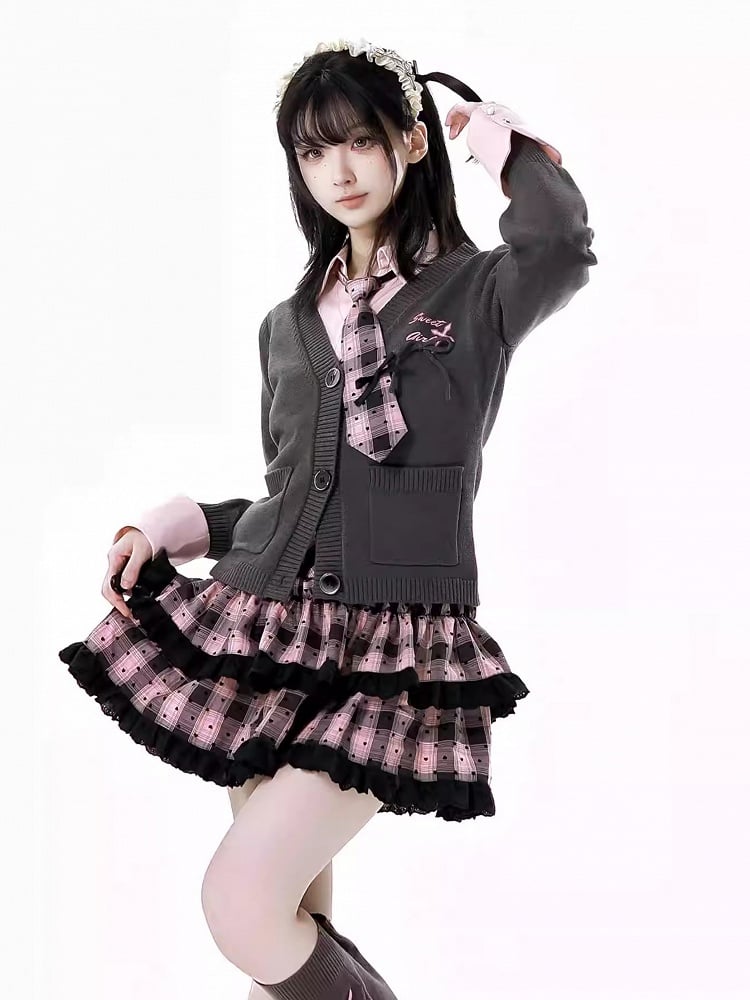 Dark Gray V-Neck Spring Slim-fitting Knitted Cardigan