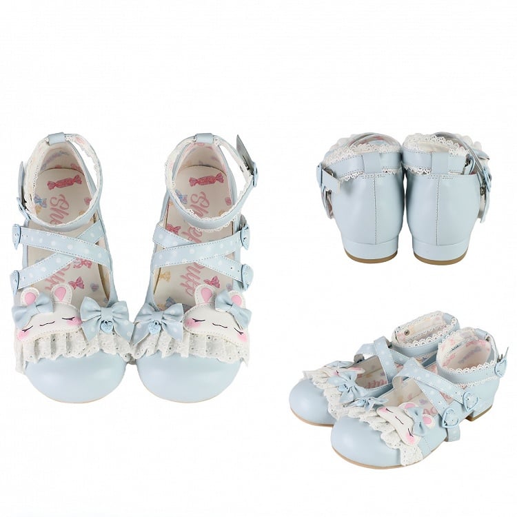 Süßes Design Crisscross Polka-dot Schuhe Lolita Bunny Spitze Applique Trim Muster Details Bowknot Blau