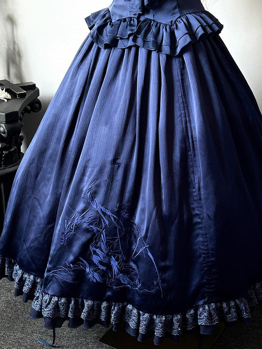 ダークブルーのドラゴンボーン刺繍ドローストリングデザインゴシックロリータスカート