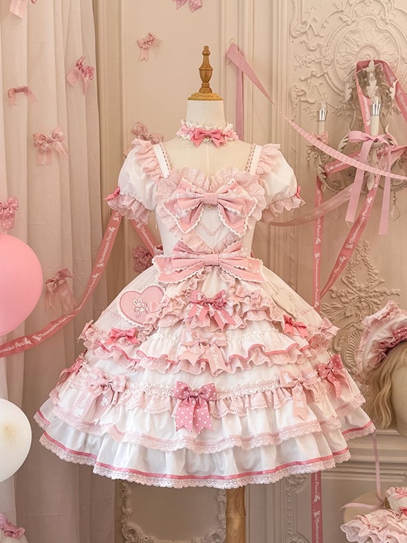 Ruffle One Piece Pink White Sweet Princess and Bow Dress Theme Lolita Bunny Accents