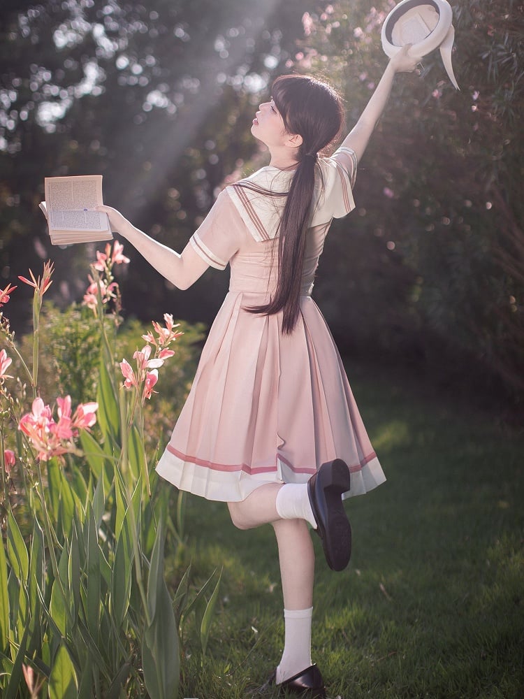 Sleeves Sweet Beige Embroidery Short Collar Sakura Top with Pink Sailor