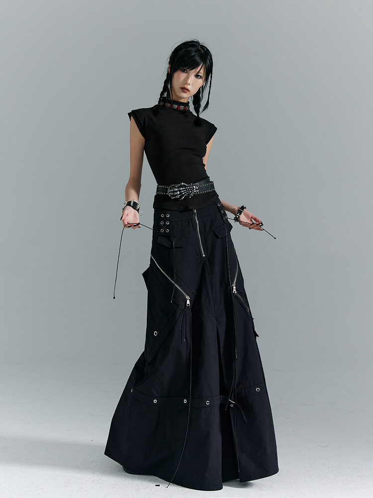 Black A-Line with Buckles Punk Pockets Metal Skirt Zippered
