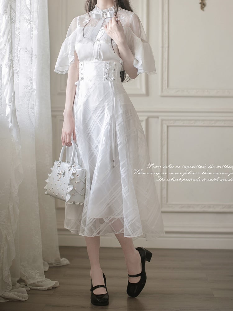 Innocent White Clean Cape Design Top Aesthetic Illusion Neckline and Trim Lace with