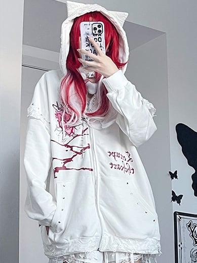 Guro Cat Print Heart Decorated Zip-up And Ear Hoodie White Letter Kawaii Studs