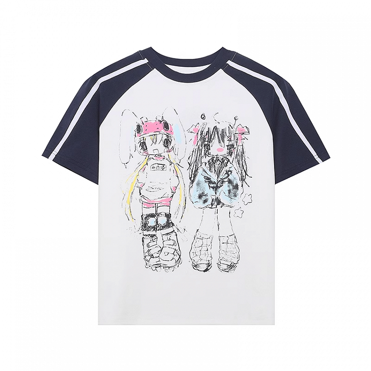 and Black White Design Colorblock Print T-Shirt Anime Graffiti