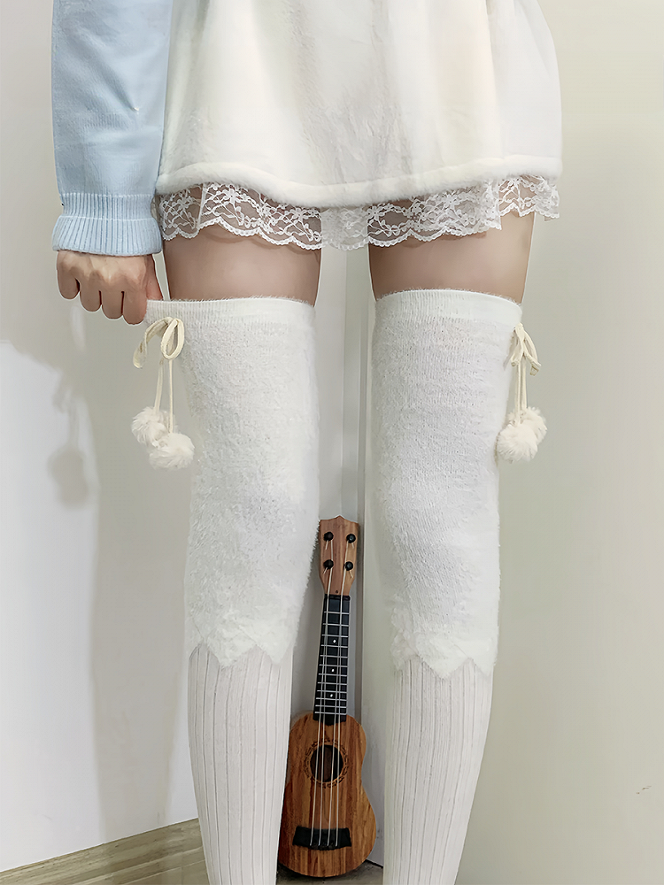 Milk White/Light Coffee/Gray/Black Plush Overknee Stockings With Pompons