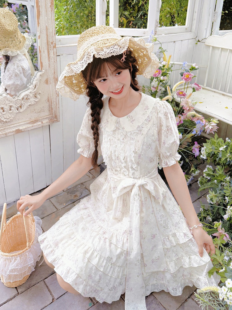 Bow Floral Dress White Peter Pan Collar Self-tie Waist Sweet