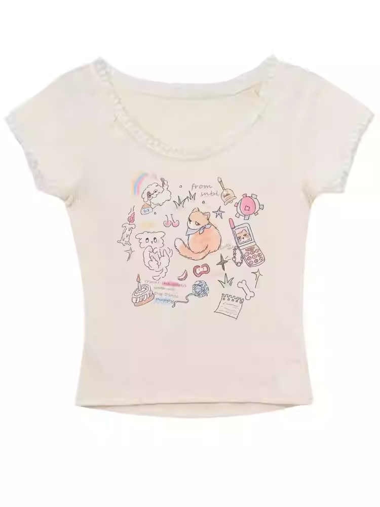 Version T-Shirt Beige Adorable Fox Print Long/Short