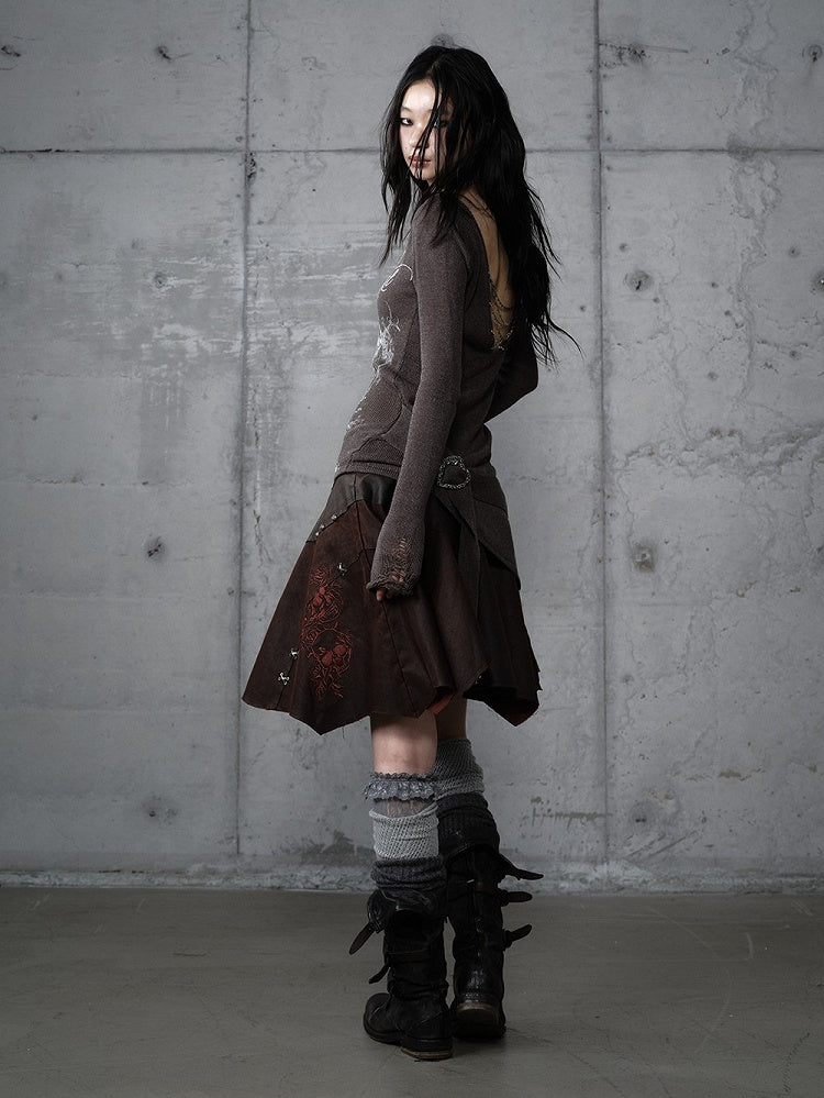 Asymmetrical Skirt Punk Reddish with Embroidery Wasteland Hem Brown Floral Suede