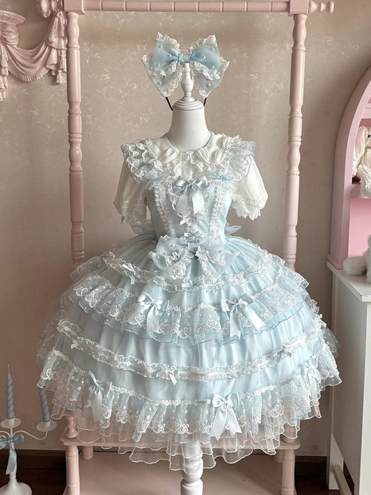 Hanayome Tüll Akzente JSK Lolita Rock Prinzessin Schleife Lagenkleid Blau