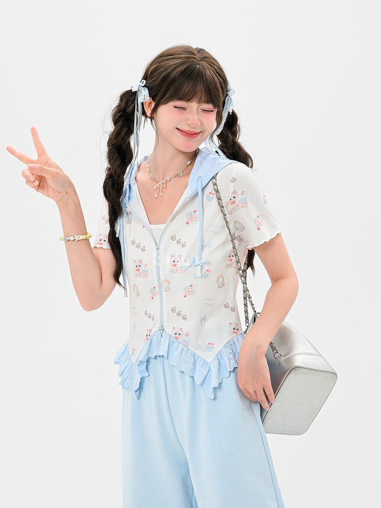 Zip-up Hooded Cute Kitty Print Curved Hem Lace Blue Trim T-Shirt