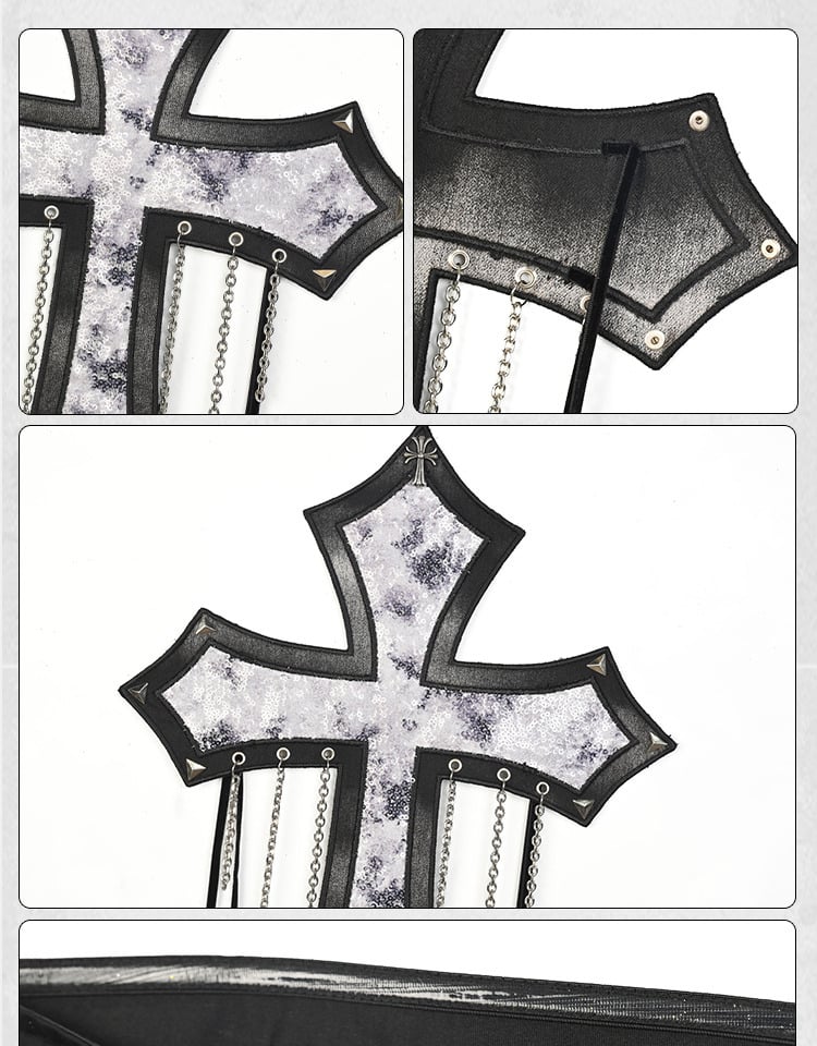 Decorated Cross Strapless Cyberpunk Top Fashion Y3K Chains Futuristic Black Silver Sequins and
