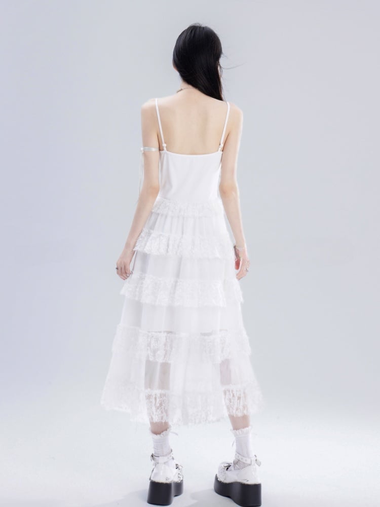 Skirt Cami Dress Waist Chain Sweet White Lace Tiered Free with